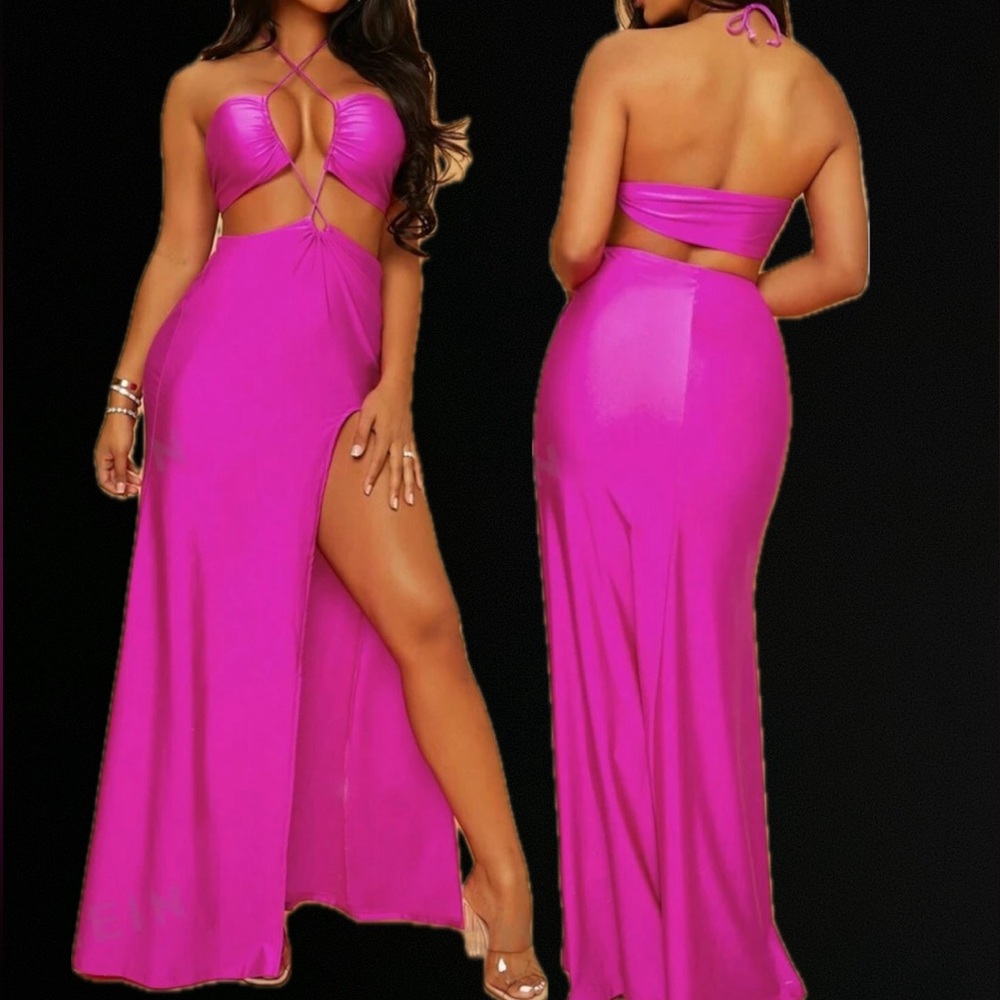 Sexy Neon Pink Cut Out Tied Backless Thigh Split Dress
